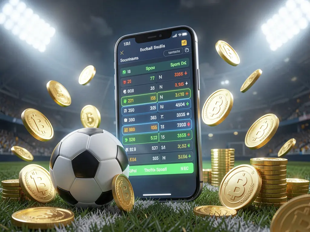 KP1111 modern football betting scene with smartphone displaying glowing sports odds interface, soccer ball, golden coins, and stadium lights in premium 3D illustration