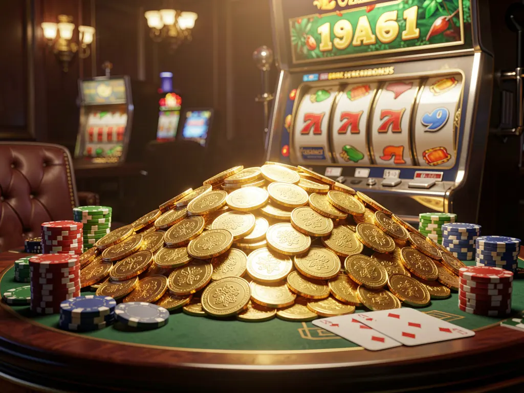 KP1111 online casino jackpot bonus scene with a massive pile of golden coins, a slot machine in the background, glowing jackpot lights, poker chips, and playing cards on a luxury table under dramatic cinematic lighting