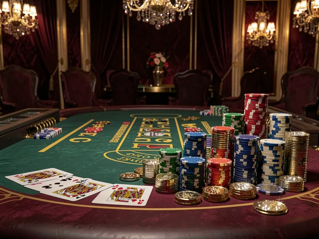 KP1111 luxury casino scene featuring a blackjack table with poker cards, stacks of chips, and sparkling coins against a dark red and gold background in a cinematic realistic style