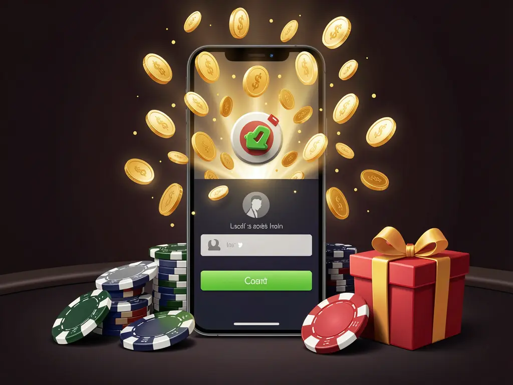 KP1111 casino user login illustration showing a phone with a secure access icon, golden coins bursting from the screen, poker chips and a gift box nearby on a dark premium background